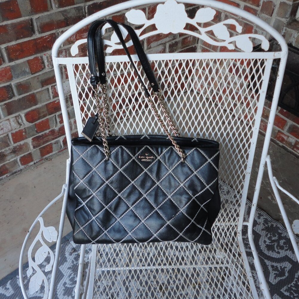 KATE SPADE Black Leather Shoulder Purse with Silver Chain